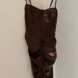 Chocolate Satin Strappy Corset Detail Ruched Skirt Bodycon Dress